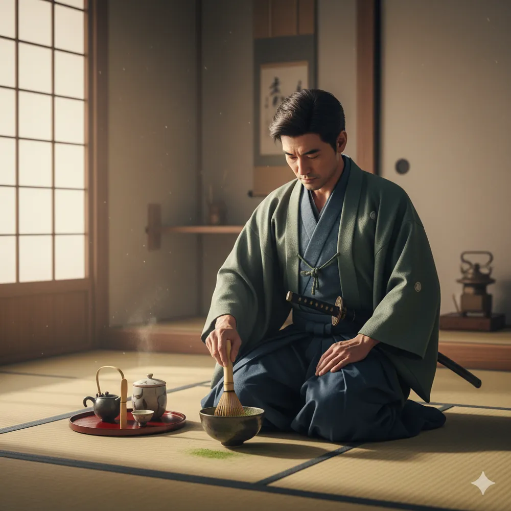 Samurai in meditation pose practicing Zen mindfulness