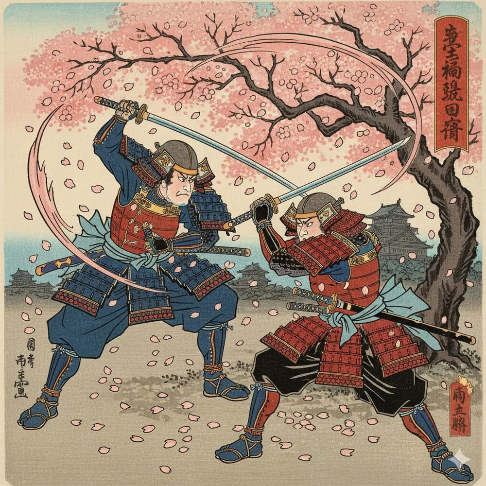 Samurai practicing in natural setting, connecting with nature