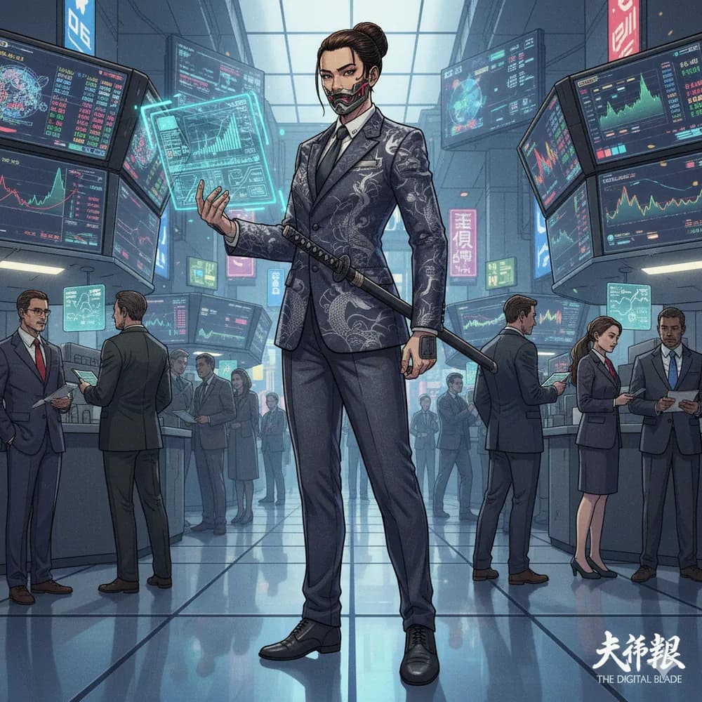 Samurai with financial symbols representing risk management and strategic planning