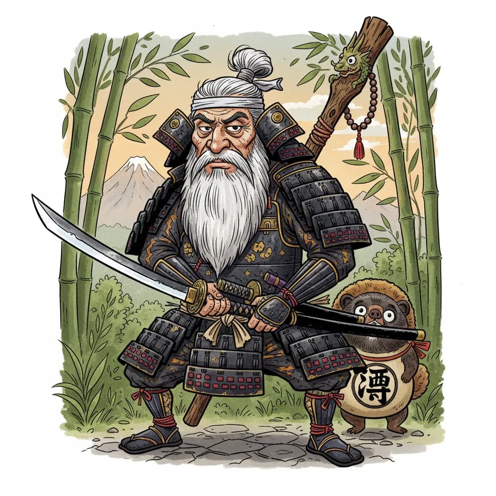 Samurai in creative pose representing artistic discipline