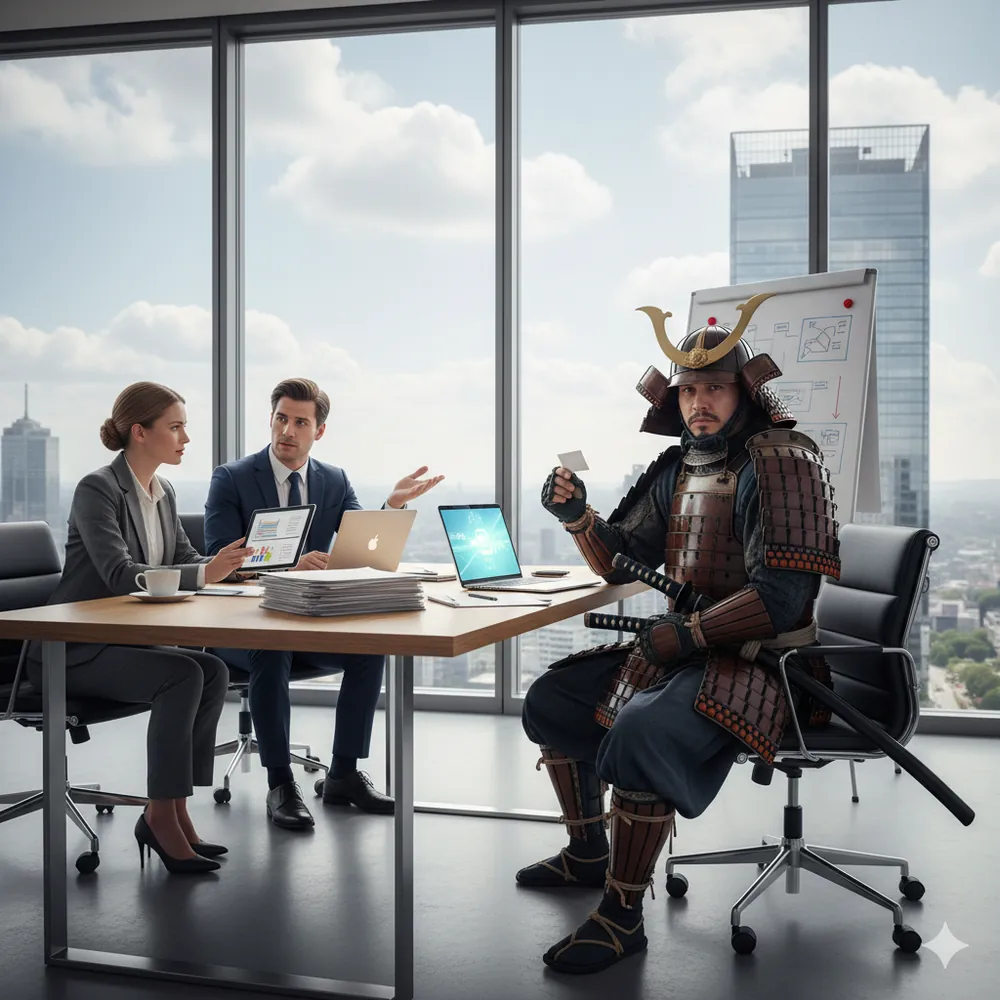 Samurai in professional setting representing career transitions and courage