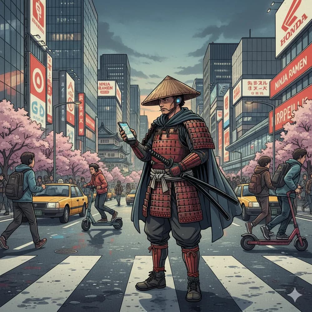 Samurai with phone representing digital communication