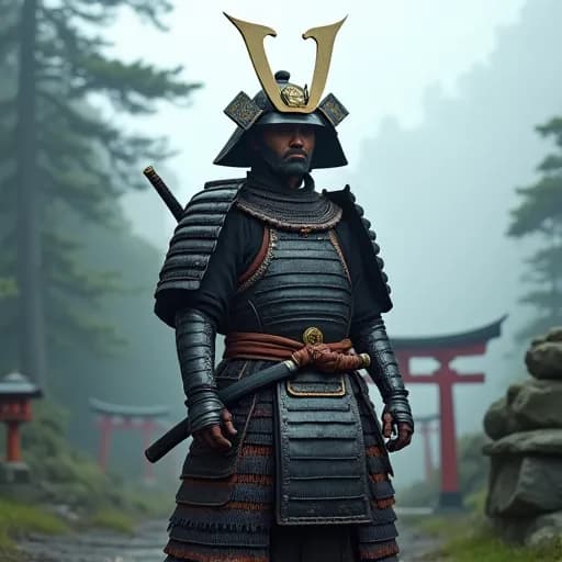 Ancient samurai in contemplative pose representing philosophical wisdom